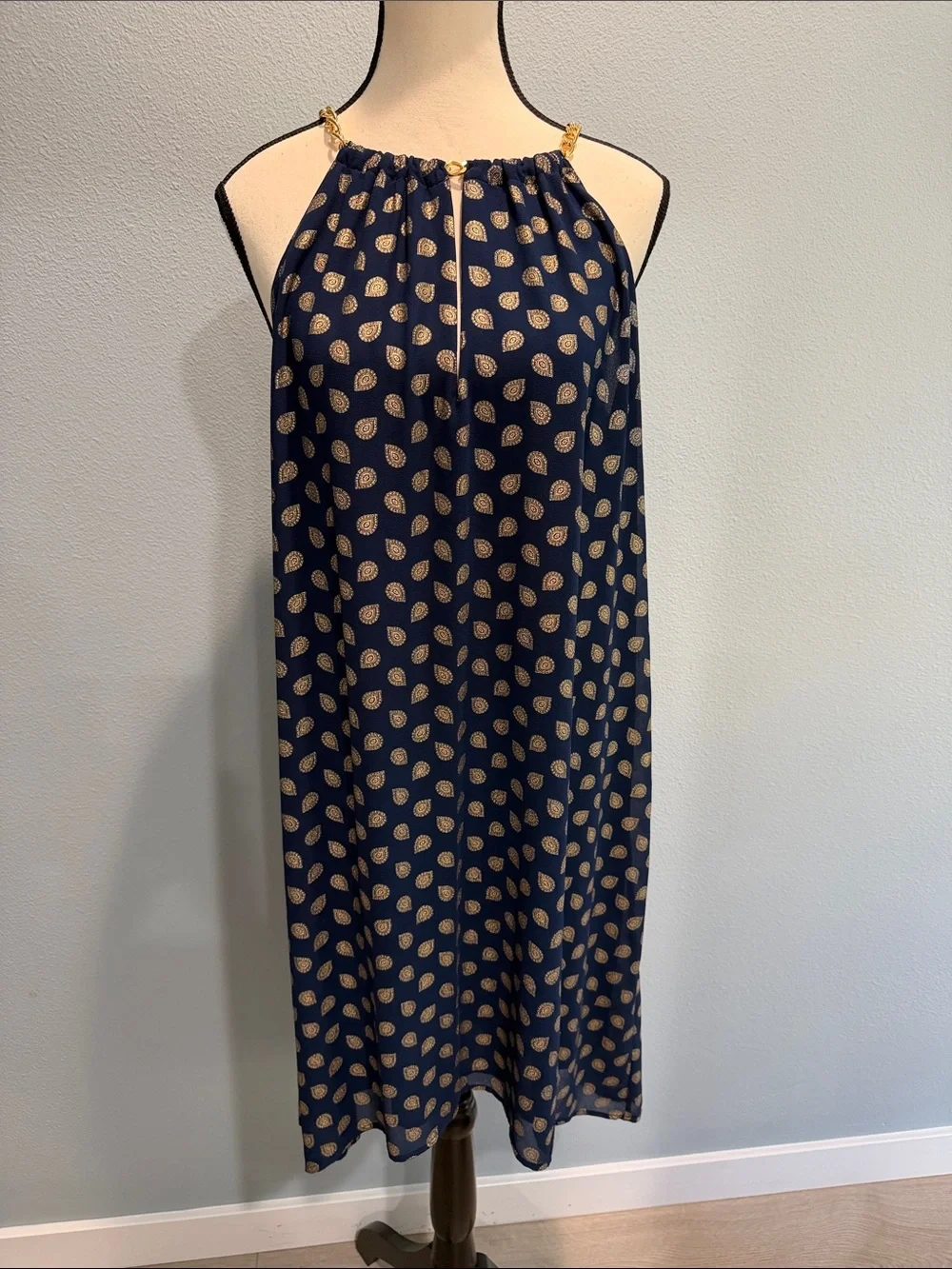 Michael Kors Navy Midi Dress with Gold Dot Print